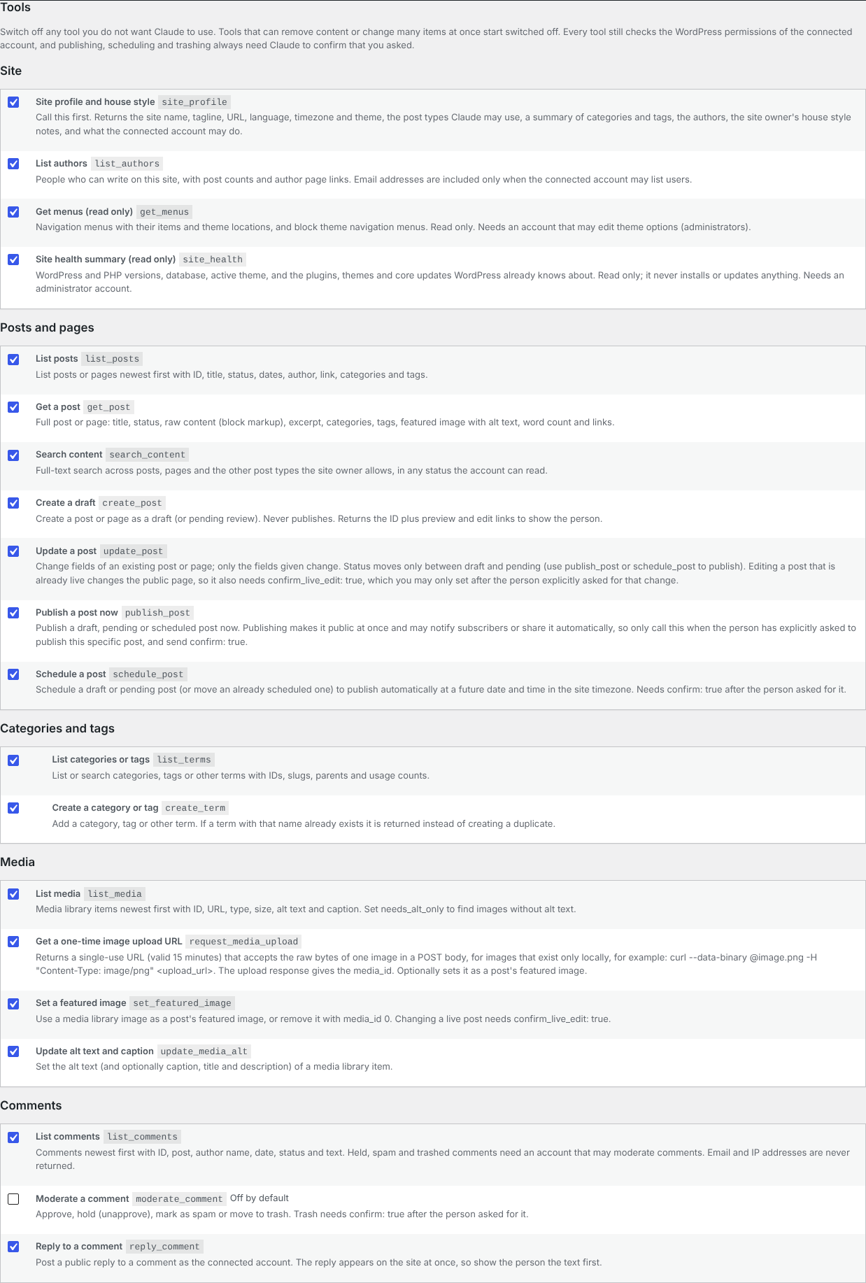 Settings › Pennerly › Tools: switch any tool off; tools that remove content start switched off