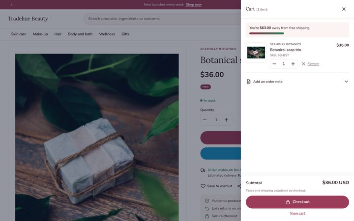 Cart drawer with a free-shipping progress bar and quantity controls