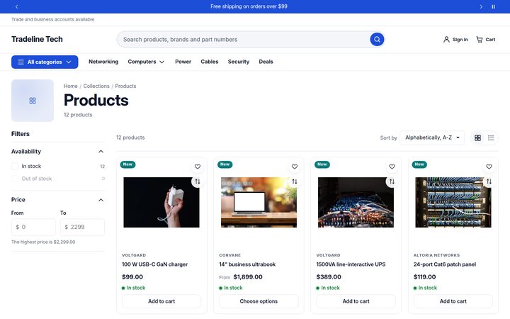 Collection page with availability and price filters, sorting and a grid/list toggle