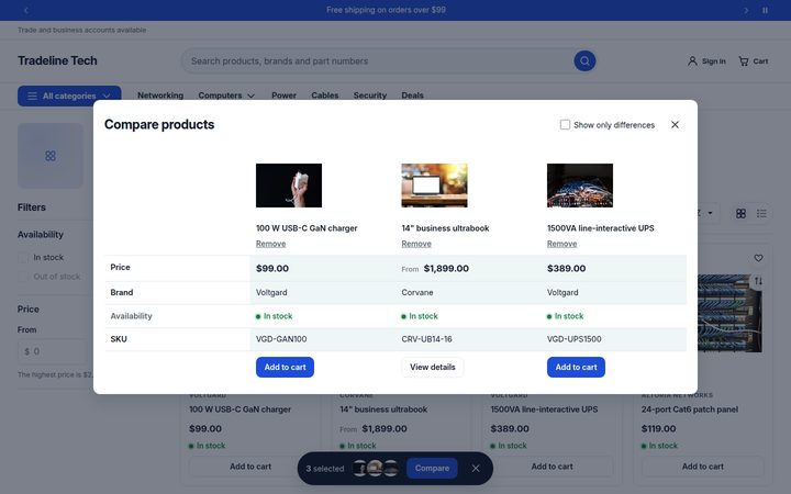 Side-by-side product compare with a price, brand, availability and SKU table