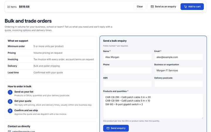 A quick order page: the quick order list with Send as an enquiry, and the Bulk order enquiry section with its terms, steps, contact details and form