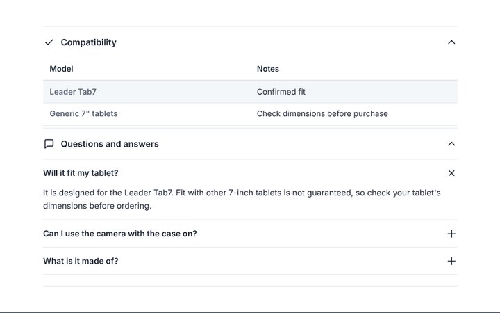 The Compatibility table and Product FAQ blocks on a tablet case, with the first question open