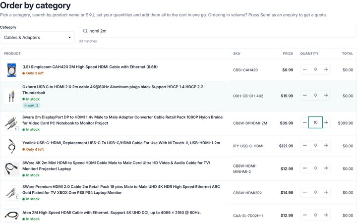 The quick order list with the category picker, a search for "hdmi 2m" and a row marked "In cart: 2"