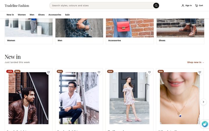 Fashion homepage sections: shop by category and new-in products with badges