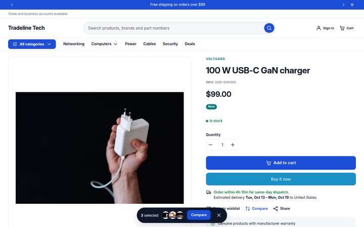 Product page with SKU, stock status, delivery estimate, compare and Shop Pay