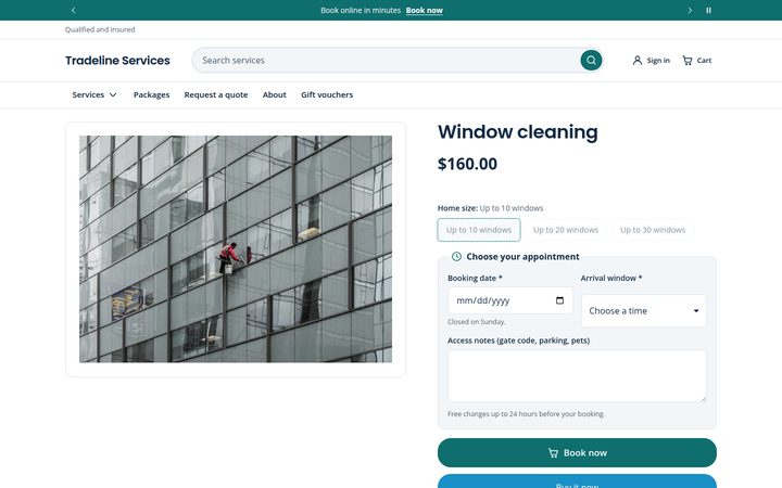 Service page with options, appointment date and arrival window, and a Book now button