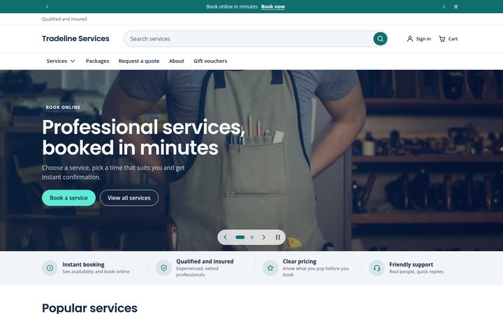 Services & Bookings style: booking-first homepage with a trust bar