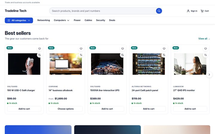 Tech homepage sections: best sellers with wishlist and compare buttons