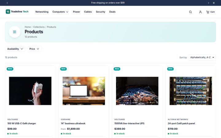 Collection page: tinted header, filters across the top and the product grid