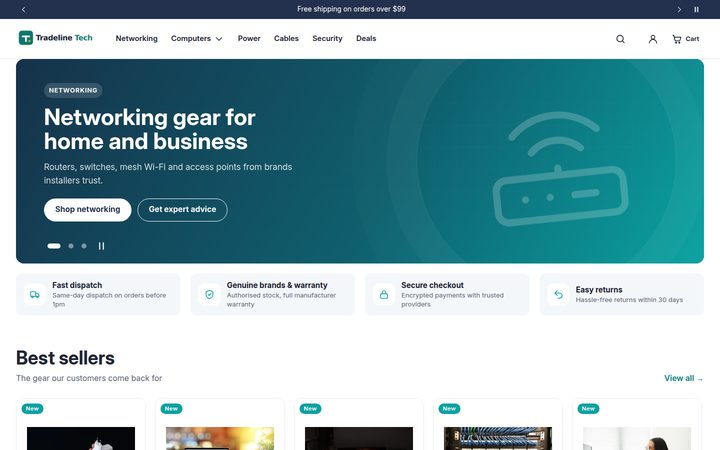 Homepage: one-row header, rounded hero, trust cards and best sellers