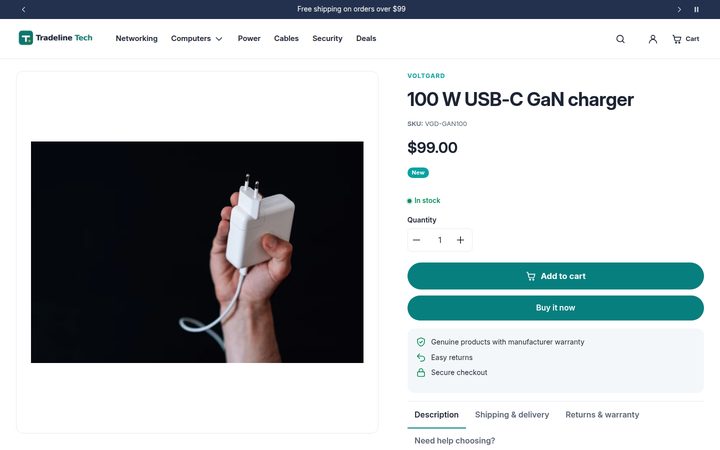 Product page with stock status, trust points and tabs